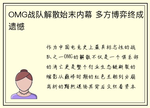OMG战队解散始末内幕 多方博弈终成遗憾